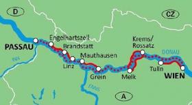 Het Donaufietspad met fiets en schip - kaart